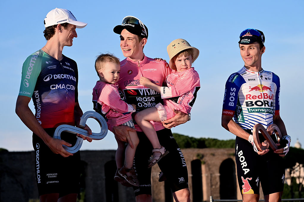 ROME, ITALY - MAY 31: Felix Gall of Austria second place, Jonas Vingegaard of Denmark first place and Jai Hindley of Australia thirt place during the award cerimony of 109th Giro d&amp;amp;apos;Italia 2026, Stage 21 on May 31, 2026 in Rome, Italy. (Photo by Image Photo Agency/Getty Images)