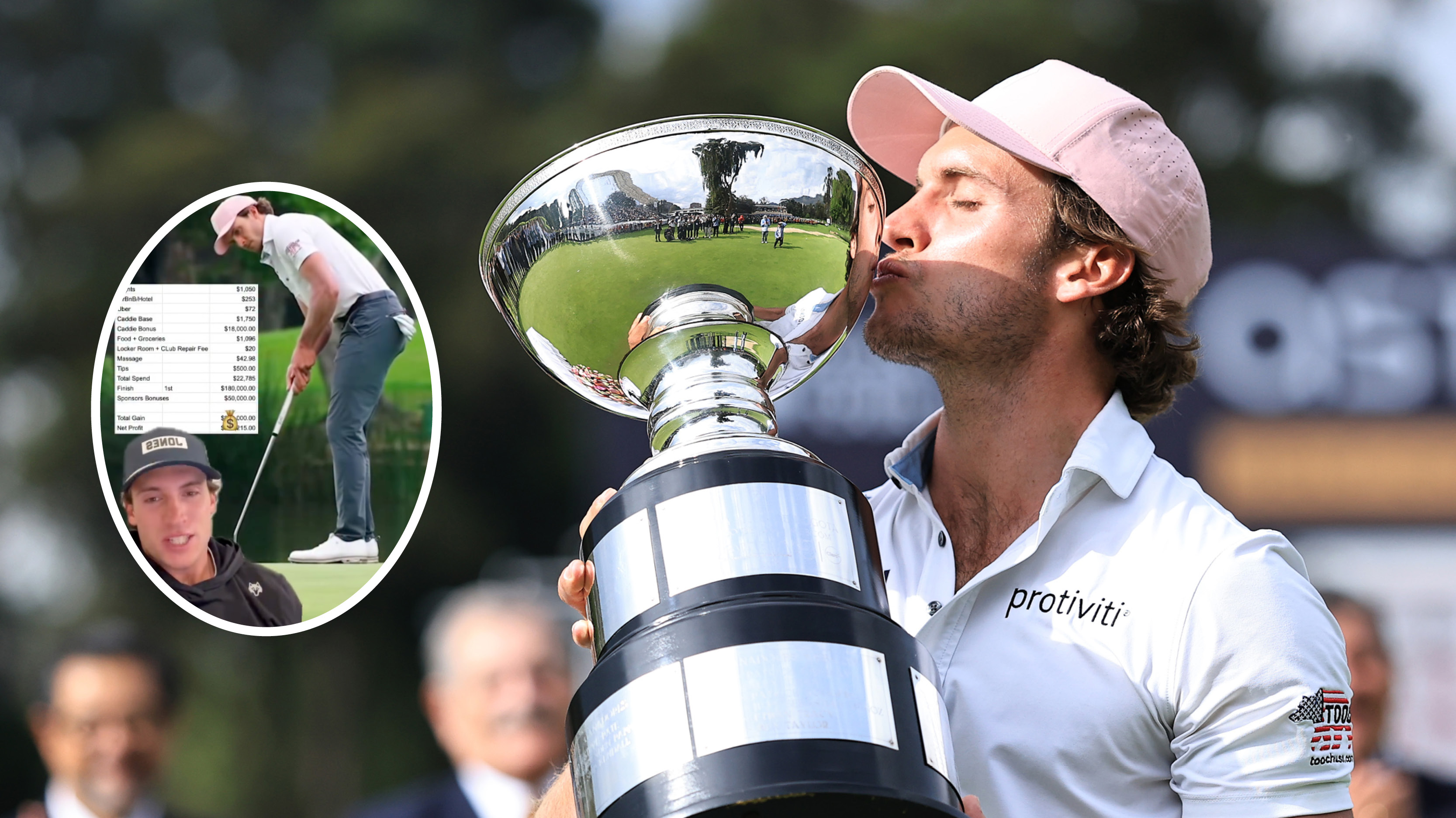 Main image of James Nicholas kissing the Astara Golf Championship trophy after winning his first Korn Ferry Tour title with inset screenshot of Nicholas breaking down the costs and earnings from the week (left)