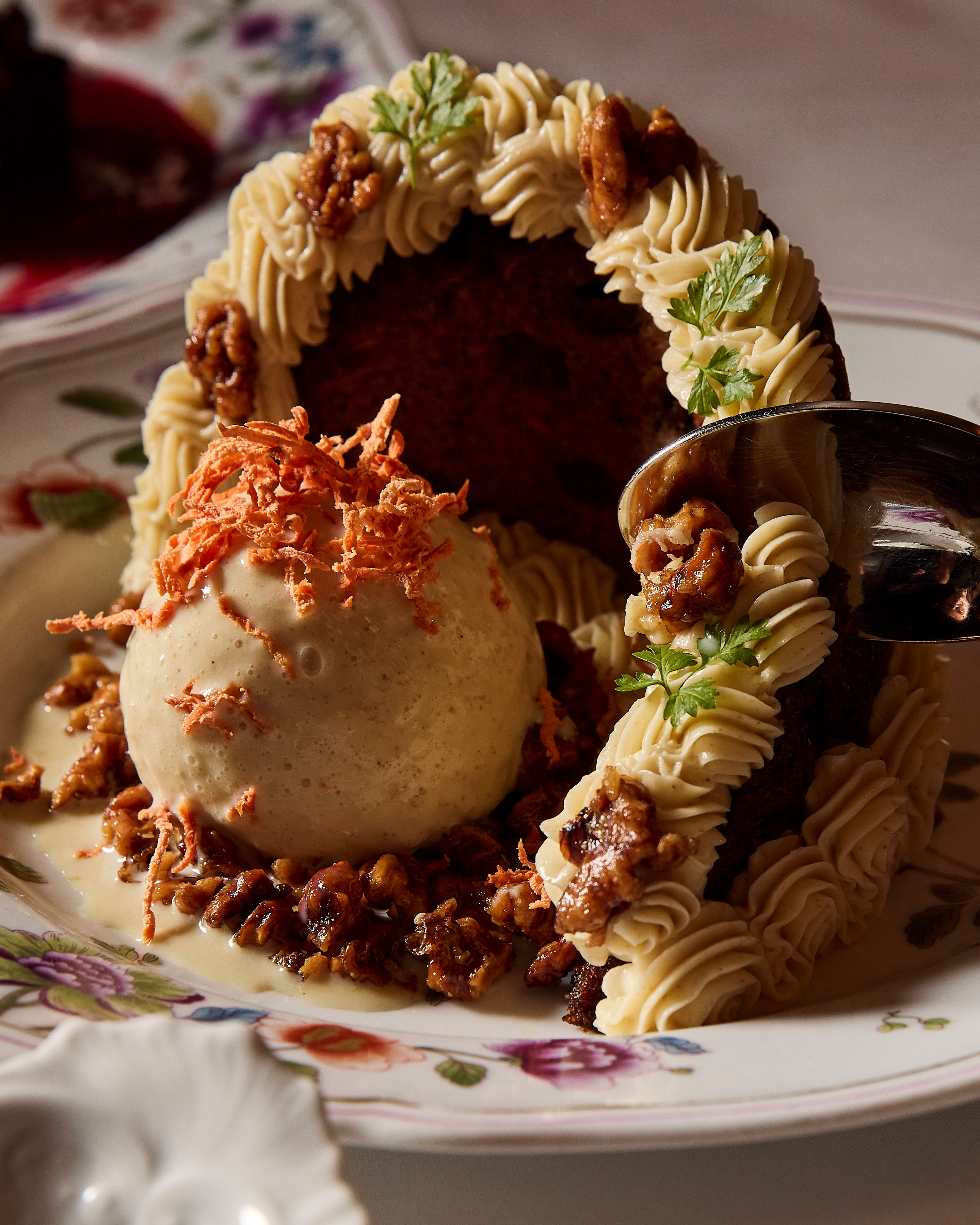 A series of lifestyle shots depicting eccentrically plated restaurant food, including pasta dishes, lemon and tiramisu cakes, fish, ice cream, and more, under a flashed-out cold light.