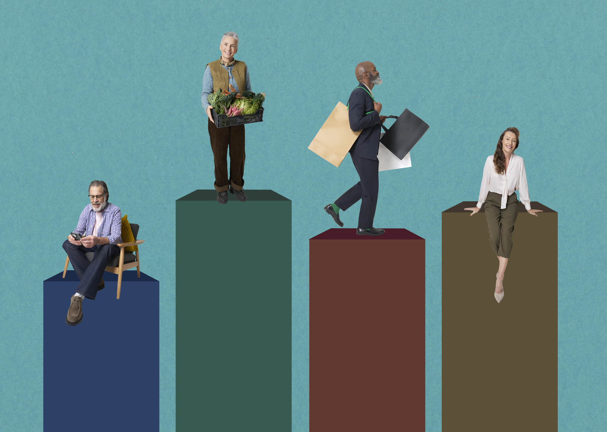 4 mature adults standing and sitting on bars from a bar graph to illustrate bank balance and financial status.