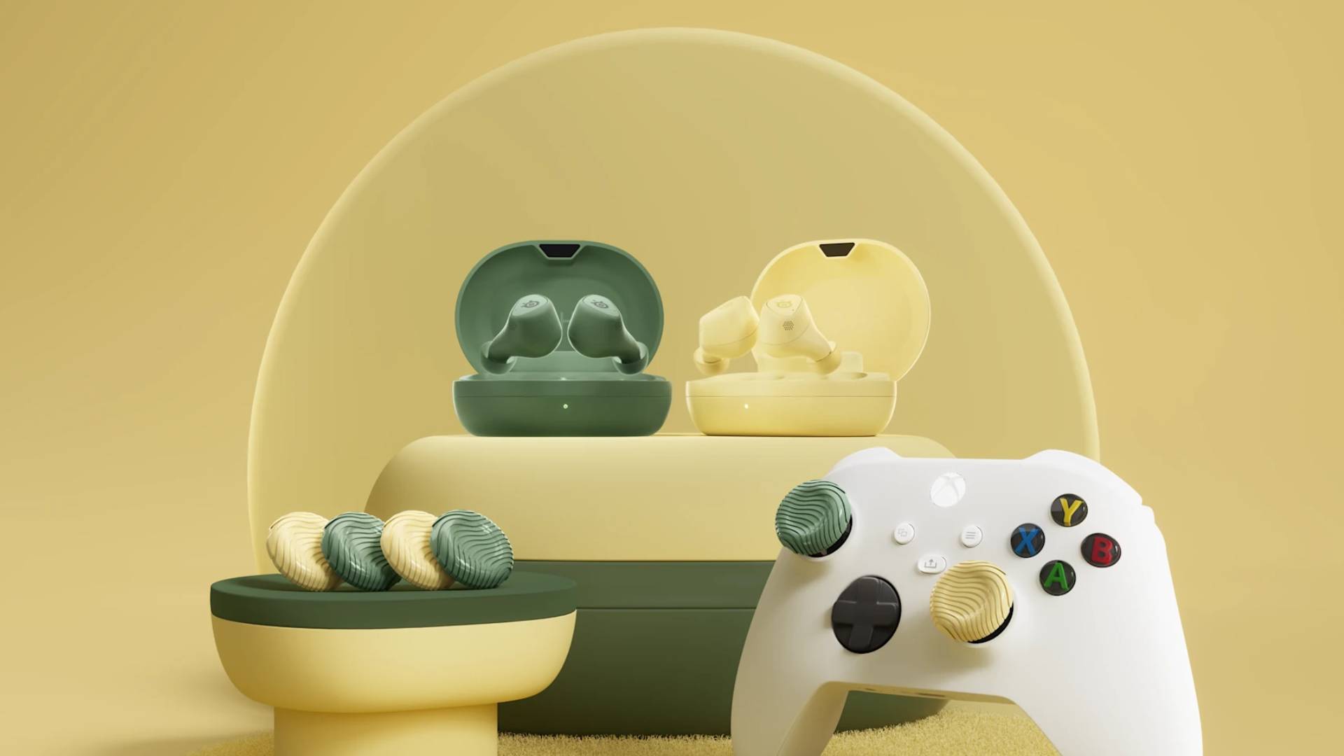 Image of the SteelSeries Matcha and Yuzu Game Buds and KontrolFreek thumb grips.