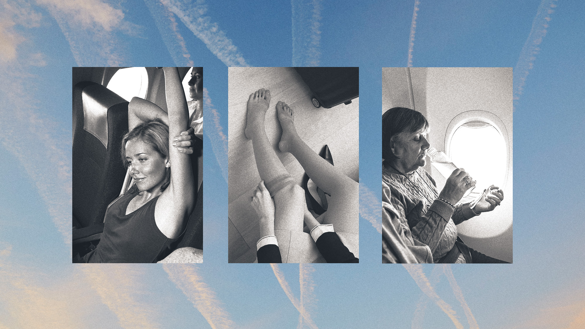 Photo collage of a woman stretching in a plane seat, a woman putting on compression socks, and a third woman drinking water on a plane.