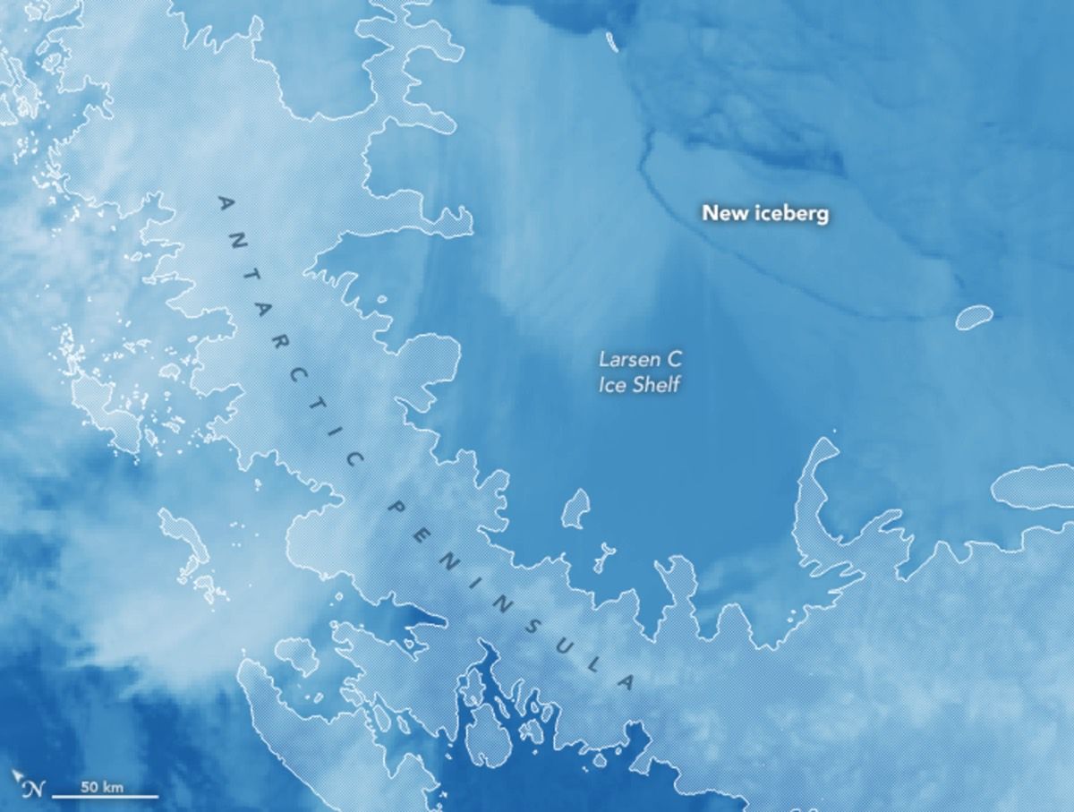 An instrument aboard NASA&#039;s Aqua satellite captured this image on July 12, 2017, revealing the giant iceberg that just calved from Antarctica&#039;s Larsen C ice shelf. 