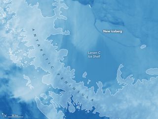 An instrument aboard NASA's Aqua satellite captured this image on July 12, 2017, revealing the giant iceberg that just calved from Antarctica's Larsen C ice shelf. 