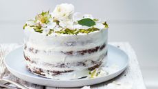 crumb coated cake with white rose petals and pistachios on top