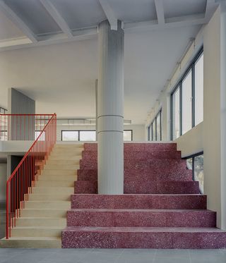 red staircase in athens office