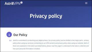 Astrill VPN review - privacy policy screen shot