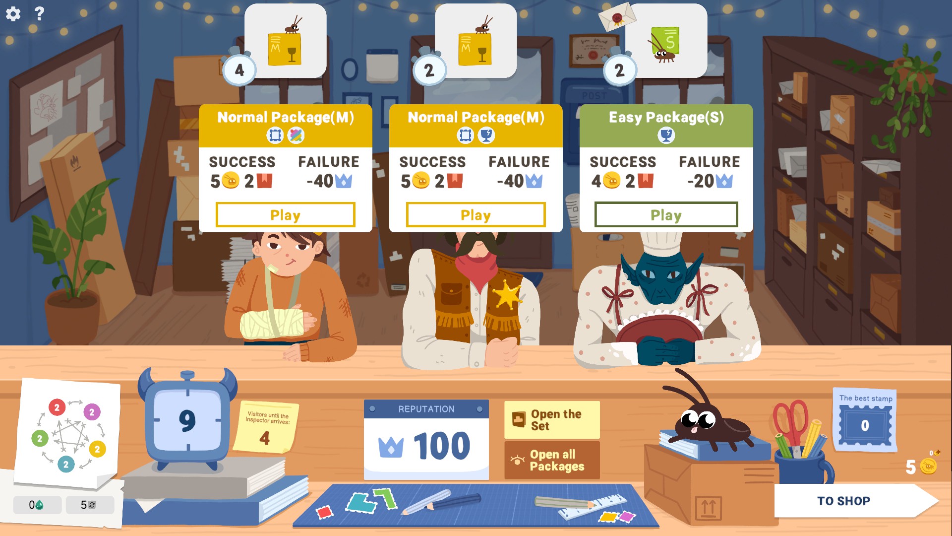 In Roach Post, three customers line up to post their packages, with two having normal challenges and one having an easy challenge to complete