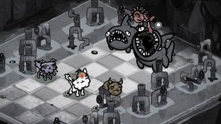 A screenshot of three cats battling against two shark-like enemies in Mewgenics.