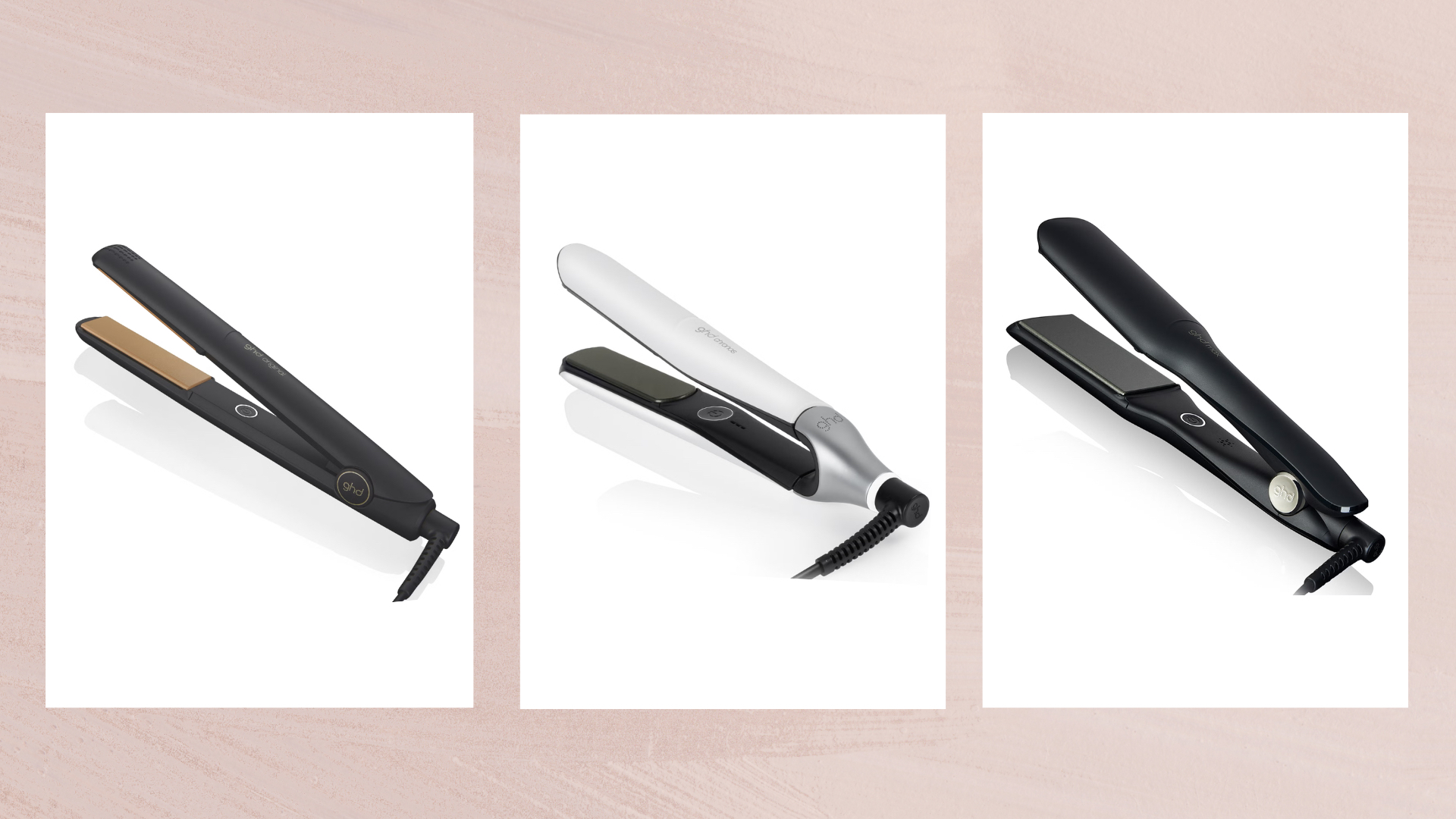 Collage of three of the best ghd straighteners (left to right), the Original IV, Chronos and Max Stylers, set against a dusky pink watercolour-style background