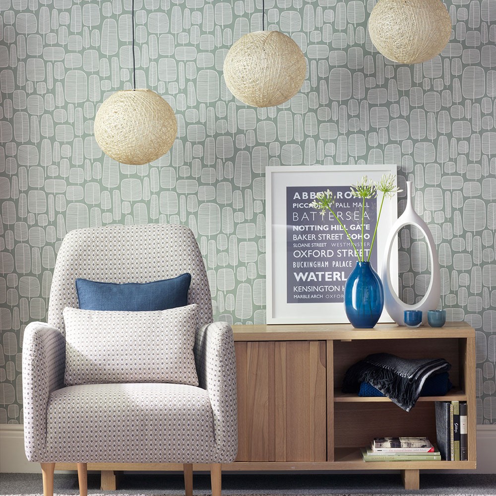 room with armchair and wallpaper