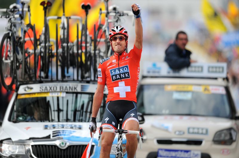 Fabian Cancellara punches the air in celebration of winning the 2010 Tour of Flanders