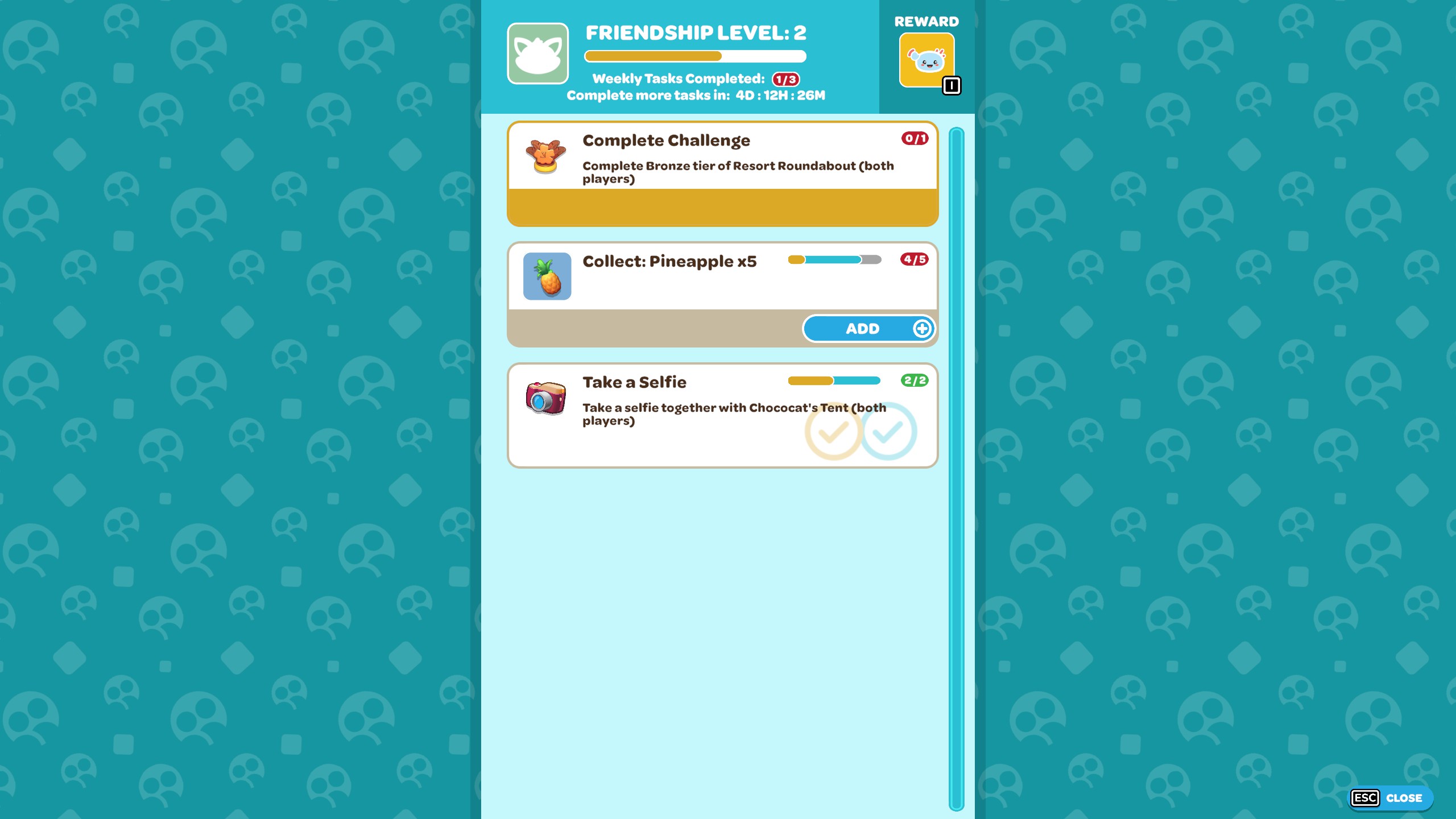 Hello Kitty Island Adventure - Weekly friendship quests menu showing three available tasks and a total friendship level.