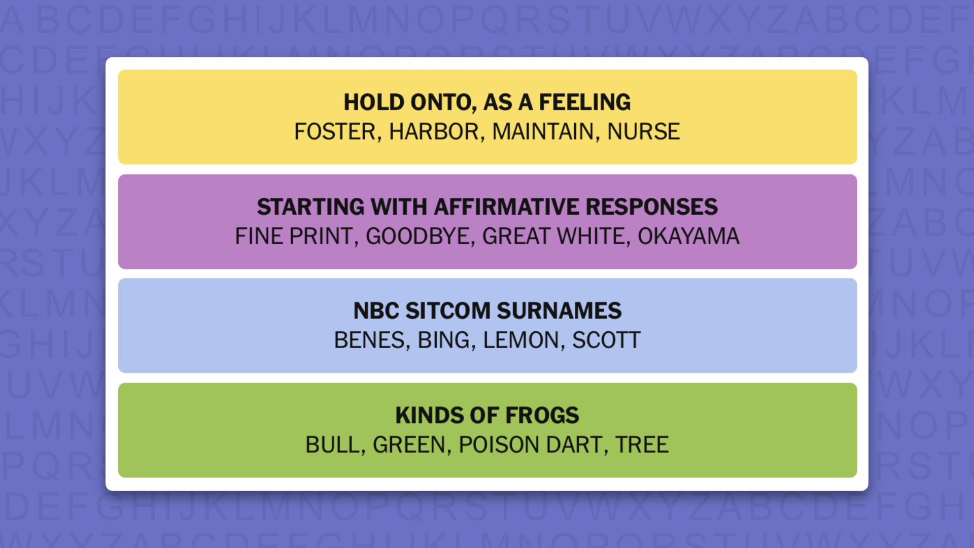 NYT Connections answers for game 1158 on a purple background