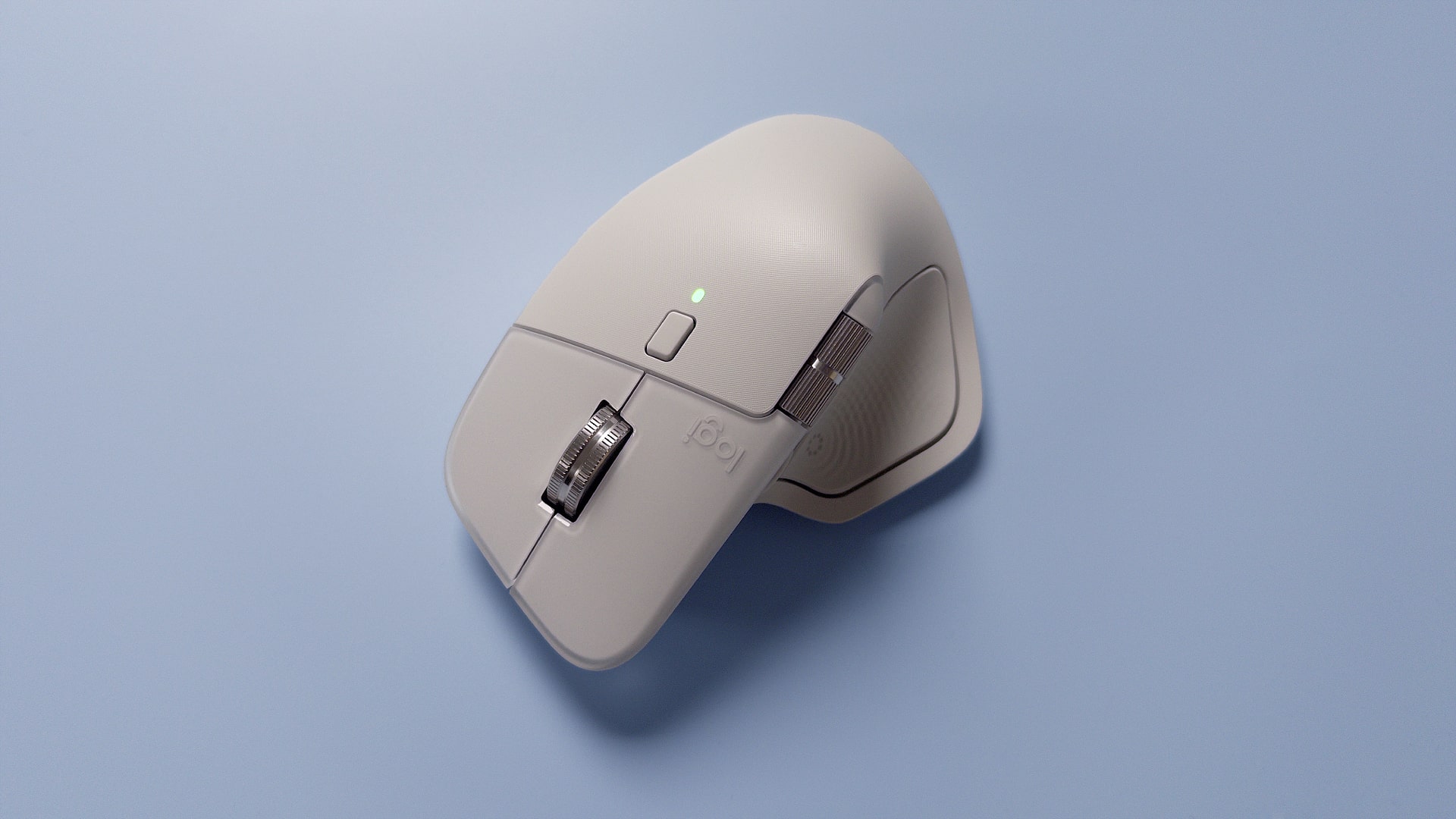 The Logitech MX Master 4 mouse against a blue background.