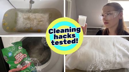 A collage showing (clockwise from top left) a pillow in a bathtub, a woman holding a baking soda and white vinegar mixture, soda crystals being used to machine wash a pillow, and a cleaned pillow.