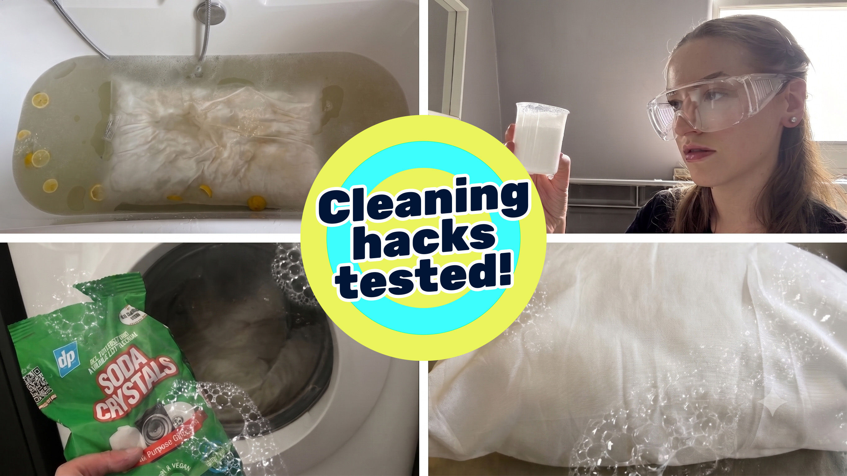 A collage showing (clockwise from top left) a pillow in a bathtub, a woman holding a baking soda and white vinegar mixture, soda crystals being used to machine wash a pillow, and a cleaned pillow.