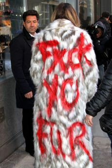 Khloe Kardashian wears a faux fur coat and makes anti-fur statement.