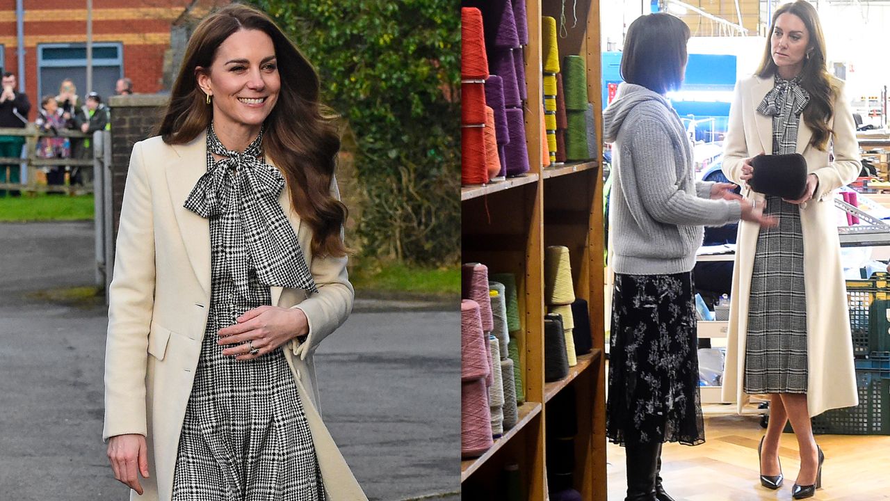 Kate Middleton wearing a black checkered dress and cream coat smiling walking in front of a wall with green leaves next to a photo of her standing in a wool factory with shelves of colorful wool talking to a woman in a gray sweater and black skirt