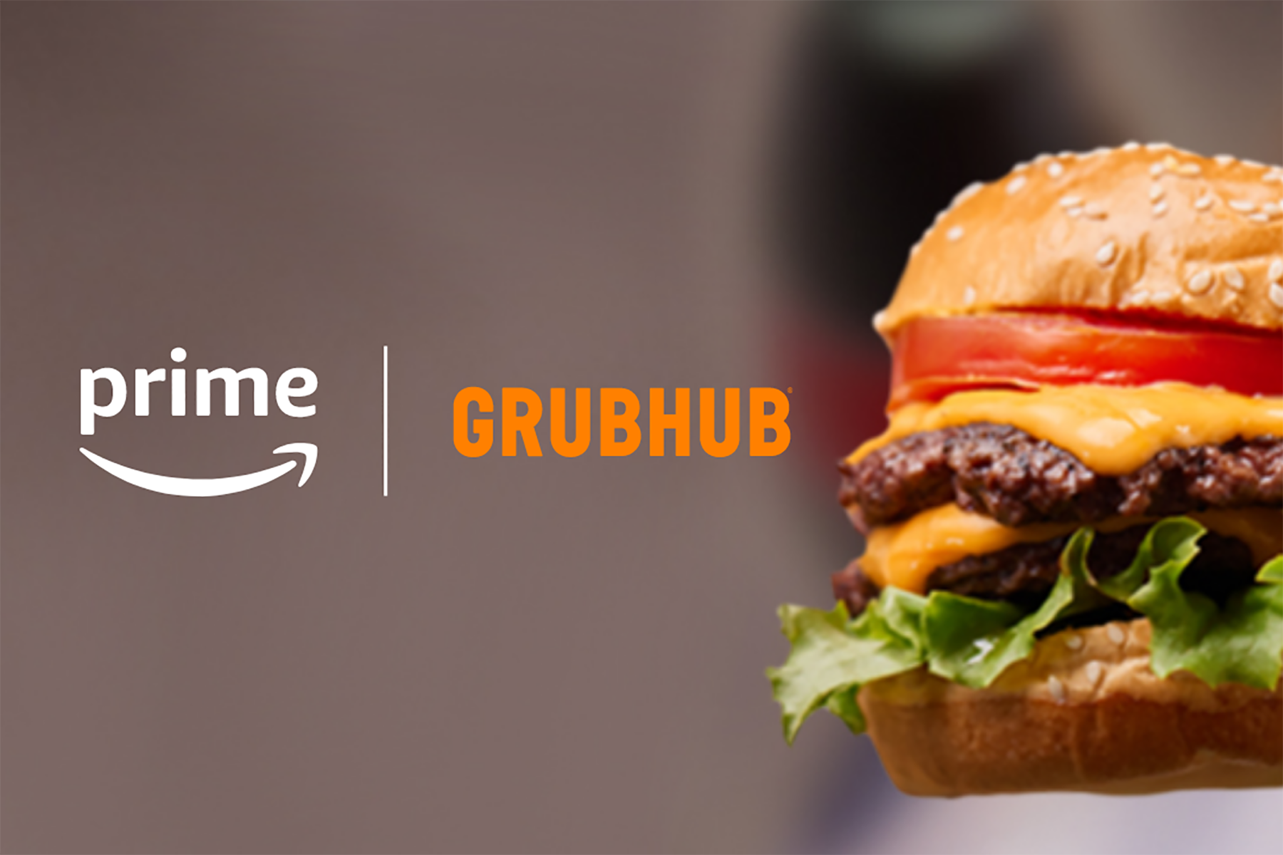 Amazon logo, GrubHub logo, and a picture of a burger next to each other