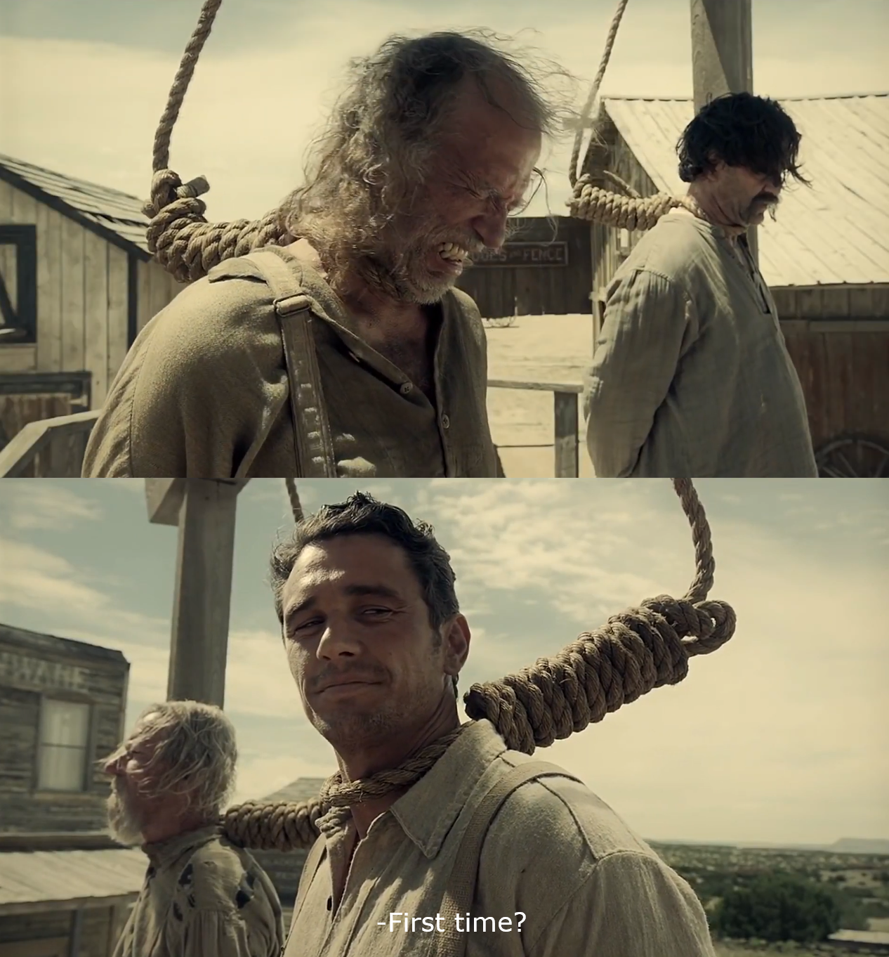 An image from movie The Ballad of Buster Scruggs. Two men are being hanged. One is weeping. The second looks at him and asks 