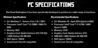 PC specifications for Red Dead Redemption 2