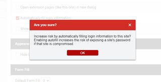 A warning pop-up advising LastPass users of the risks of letting the password manager autofill passwords.