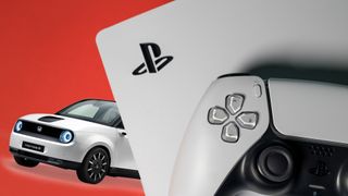 A PS5 with a car in the background