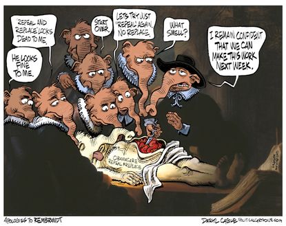 Political cartoon U.S. GOP health-care bill Obamacare Rembrandt
