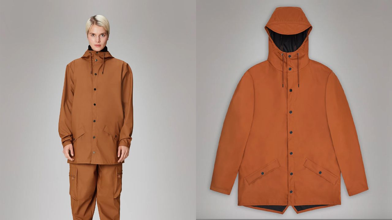 Composite image of a model wearing a raincoat by Rains and a cut out of the same coat