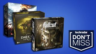 Fallout, Dark Souls and Frostpunk board games against blue background with don't miss deal logo