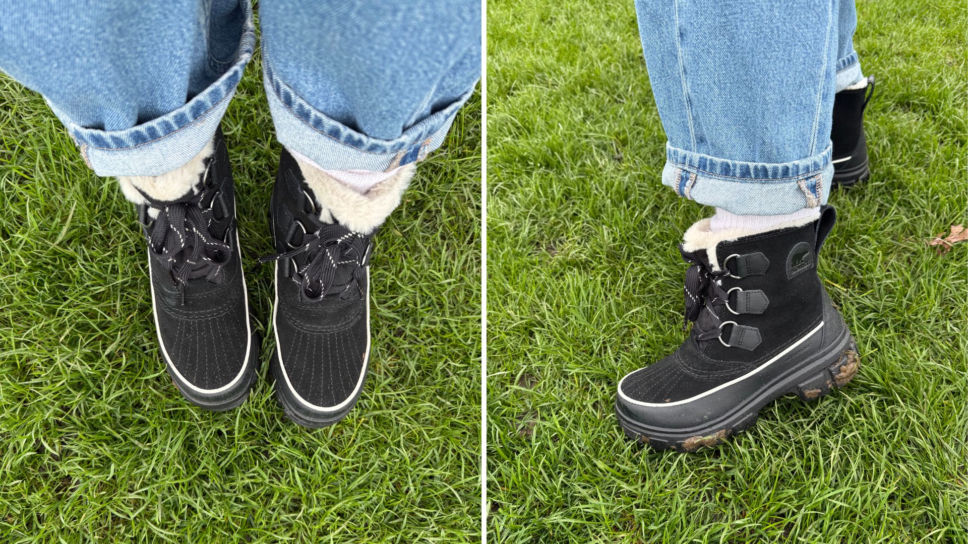 Two images of Caroline Parr testing Sorel snow boots