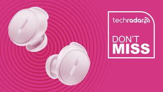 Bose QuietComfort Earbuds in petal pink on magenta background with TechRadar don't miss sign