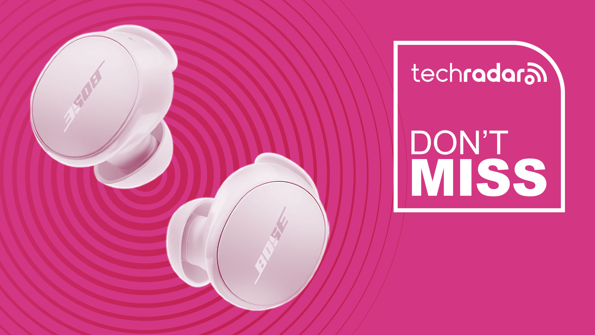 Bose QuietComfort Earbuds in petal pink on magenta background with TechRadar don&#039;t miss sign