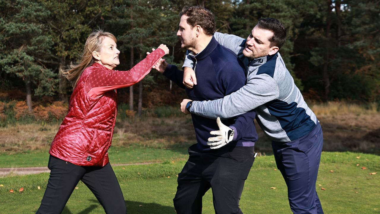 Three golfers fighting on the golf course