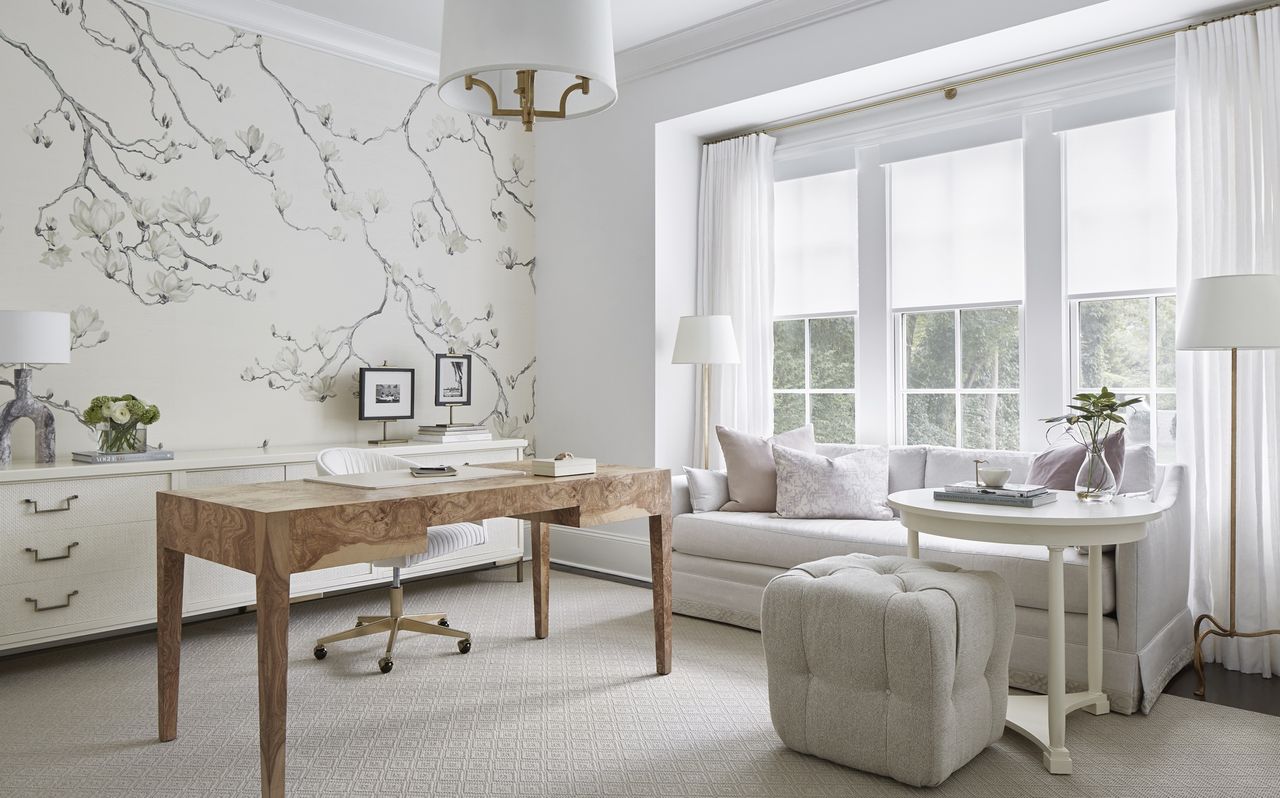 Couch desks; white home office with botanical wallpaper and white sofa by Brad Ramsey