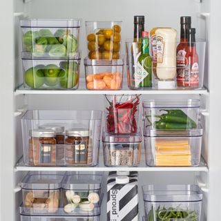 contents of fridge organised in clear storage boxes