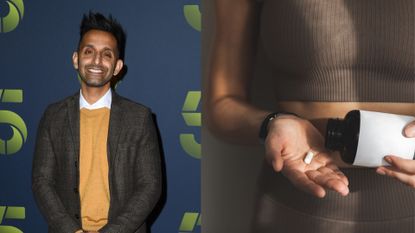 Dr Amir Khan next to woman holding creatine tablet in hand from bottle wearing activewear