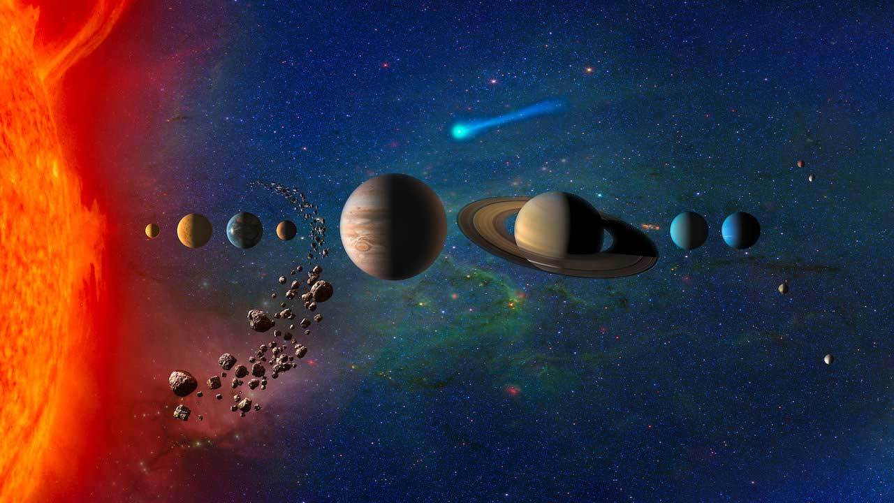 the planets of the solar system lined up in an illustration, with the sun at left.  a comet flies overhead and the asteroid belt is visible in between mars and jupiter