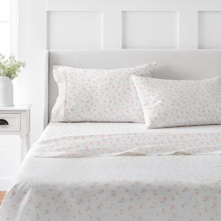 Martha Stewart Shea Floral Blush sheets in a bedroom
