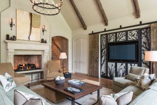 farmhouse style living room with fireplace