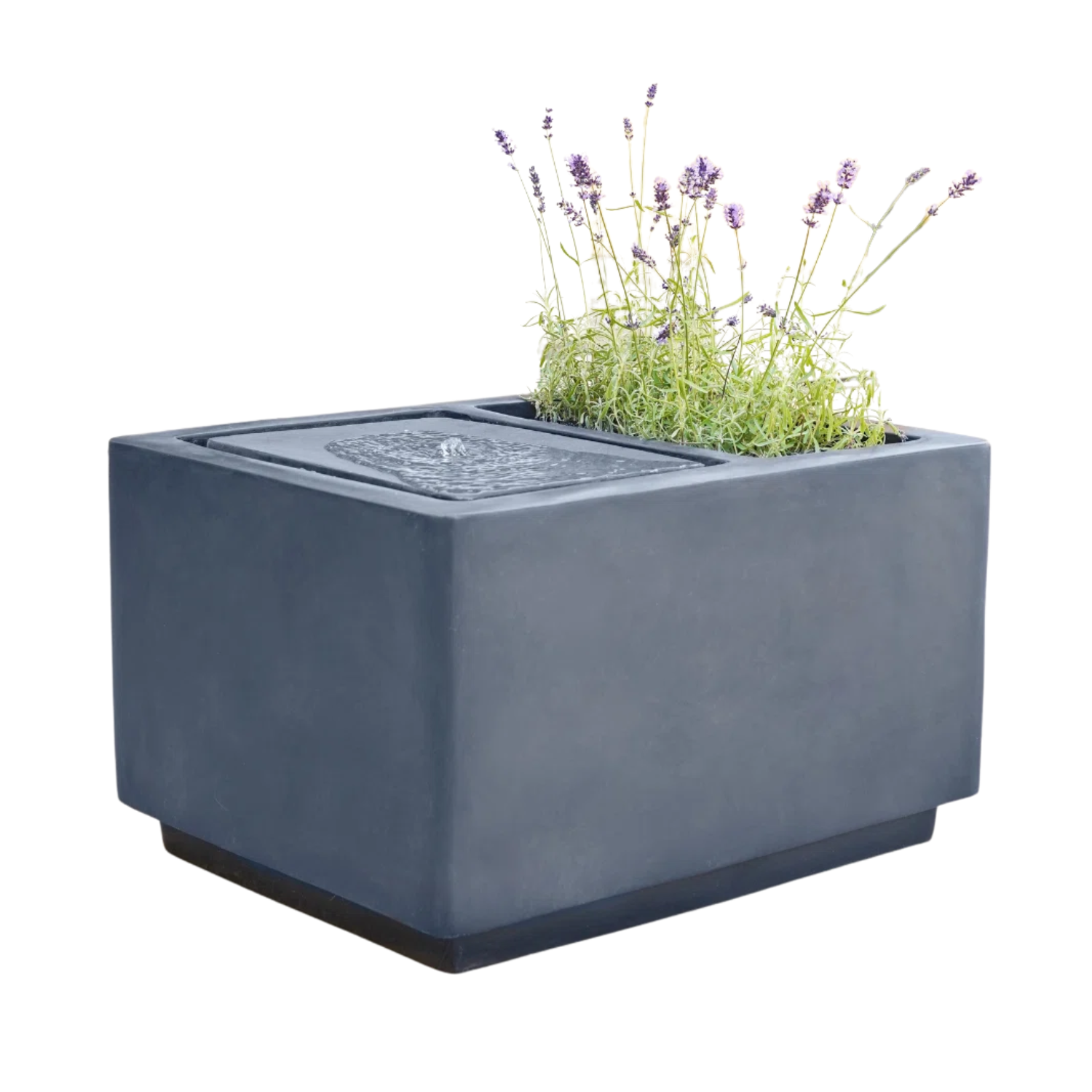 A rectangular gray cement fountain with a trough planter and a light