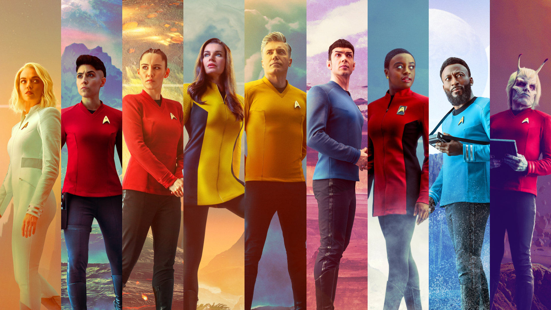 Star Trek Strange New Worlds cast (Left to Right): Nurse Christine Chapel (Jess Bush), Erica Ortegas (Melissa Navia), La&#039;An Noonien Singh (Christina Chong), Una Chin-Riley (Rebecca Romijn), Christopher Pike (Anson Mount), Spock (Ethan Peck), Nyota Uhura (Celia Rose Gooding), Joseph M&#039;Benga (Babs Olusanmokun), and Lt Hemmer (Bruce Horak).