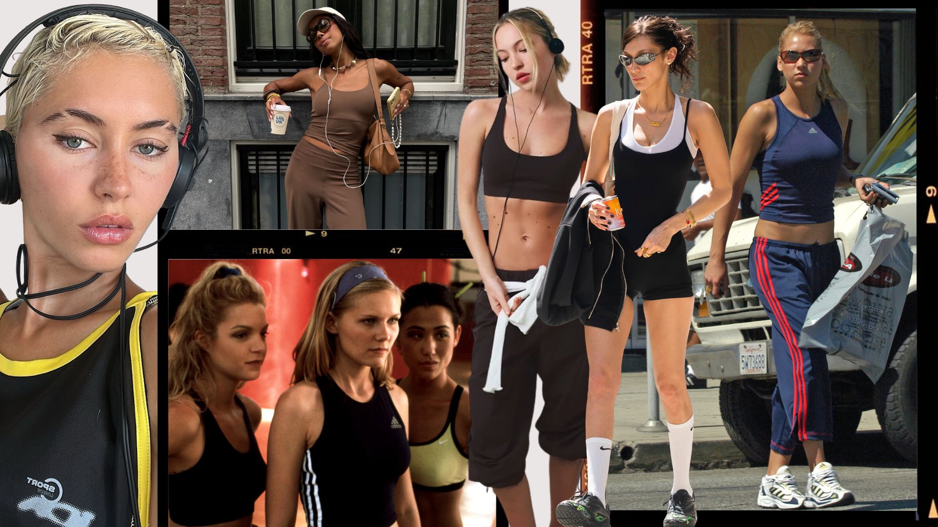 A collage of the biggest 2000s activewear trends that are coming back in 2026, including spaghetti strap tank tops, vintage Y2K sportswear logos, flares, three-quarter length pants and multi-layered tops.