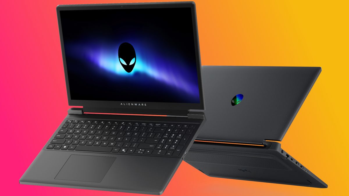 Two Alienware laptops are displayed against a vibrant orange and pink gradient background. One is open, showing a glowing alien logo on the screen; the other is closed.