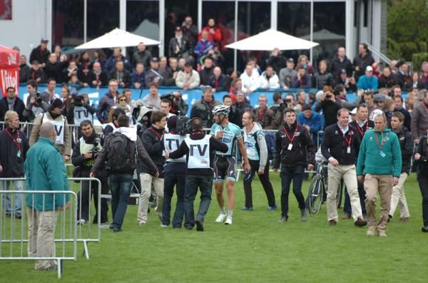The media swarm round Boonen after his win at Paris-Roubaix