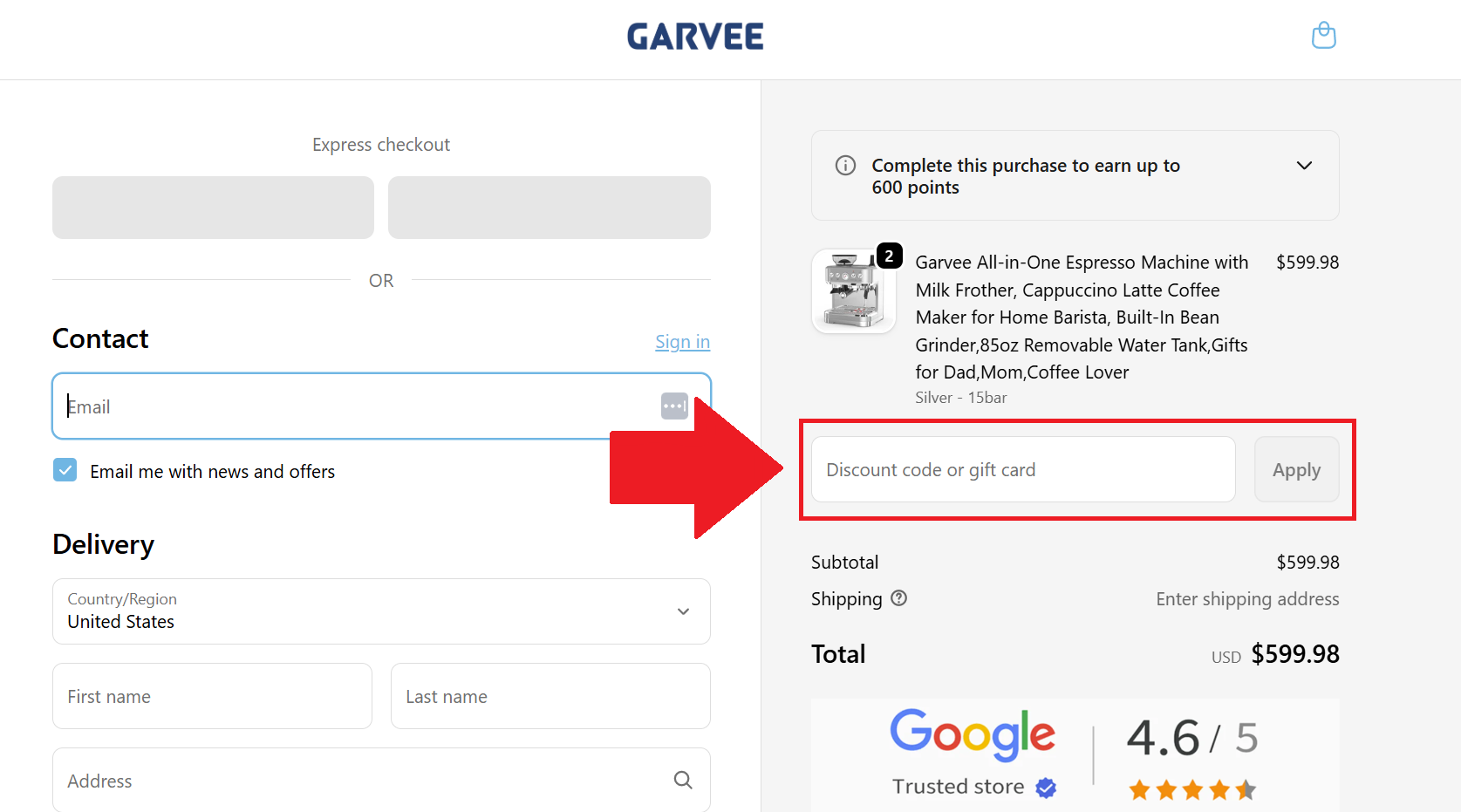 A screenshot of the garvee checkout page showing where to enter a garvee promo code