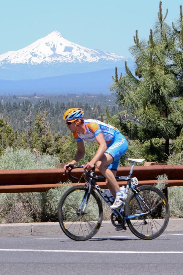 A Garmin-Transitions rider attacks the climb.