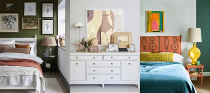 Three examples of bedroom art ideas. Gallery wall above bed in green bedroom. Collection of artwork and ornaments on chest of drawers in neutral bedroom. Colorful, contemporary bedroom with abstract artwork above bed.