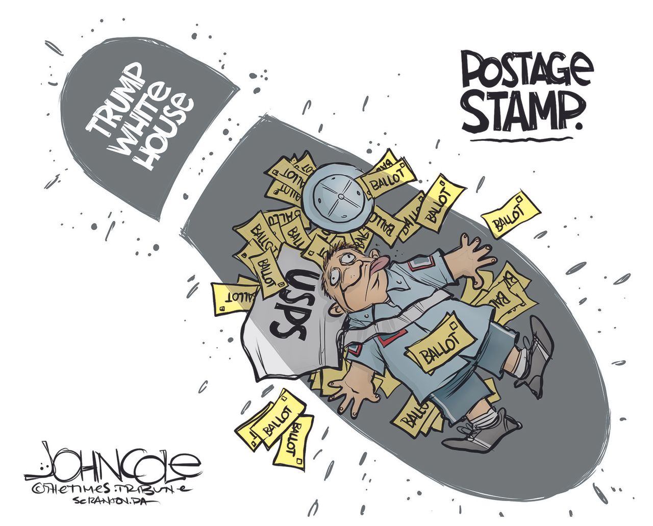 Political Cartoon U.S. Trump Destroys Post Office USPS Mail-in Ballots Absentee